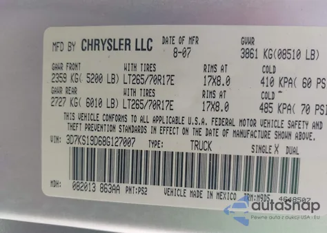 2008 Dodge Ram 1500 Sxt/Slt z USA, uszkodzony, nr VIN 3D7KS19D68G127007